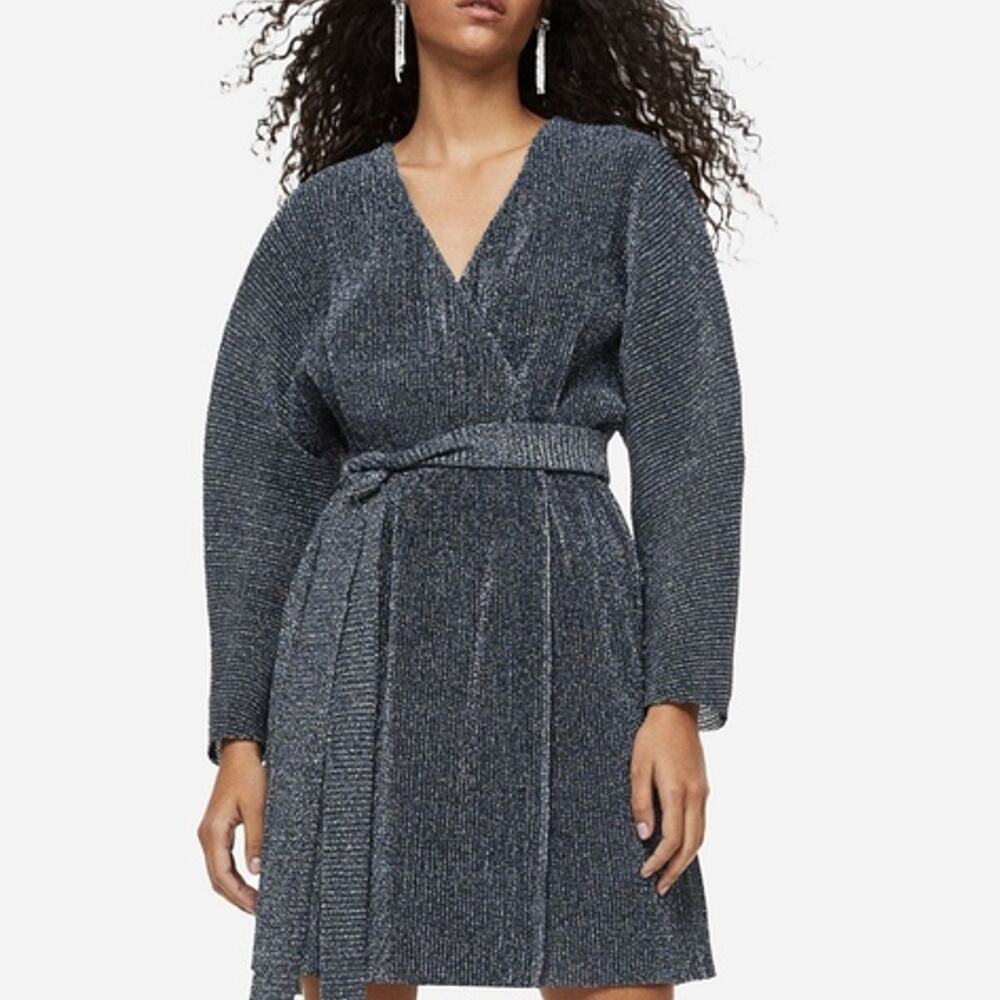 H&M Dress Blue Sparkly Faux Wrap Short Pleated Long Sleeve Tie Waist Size M